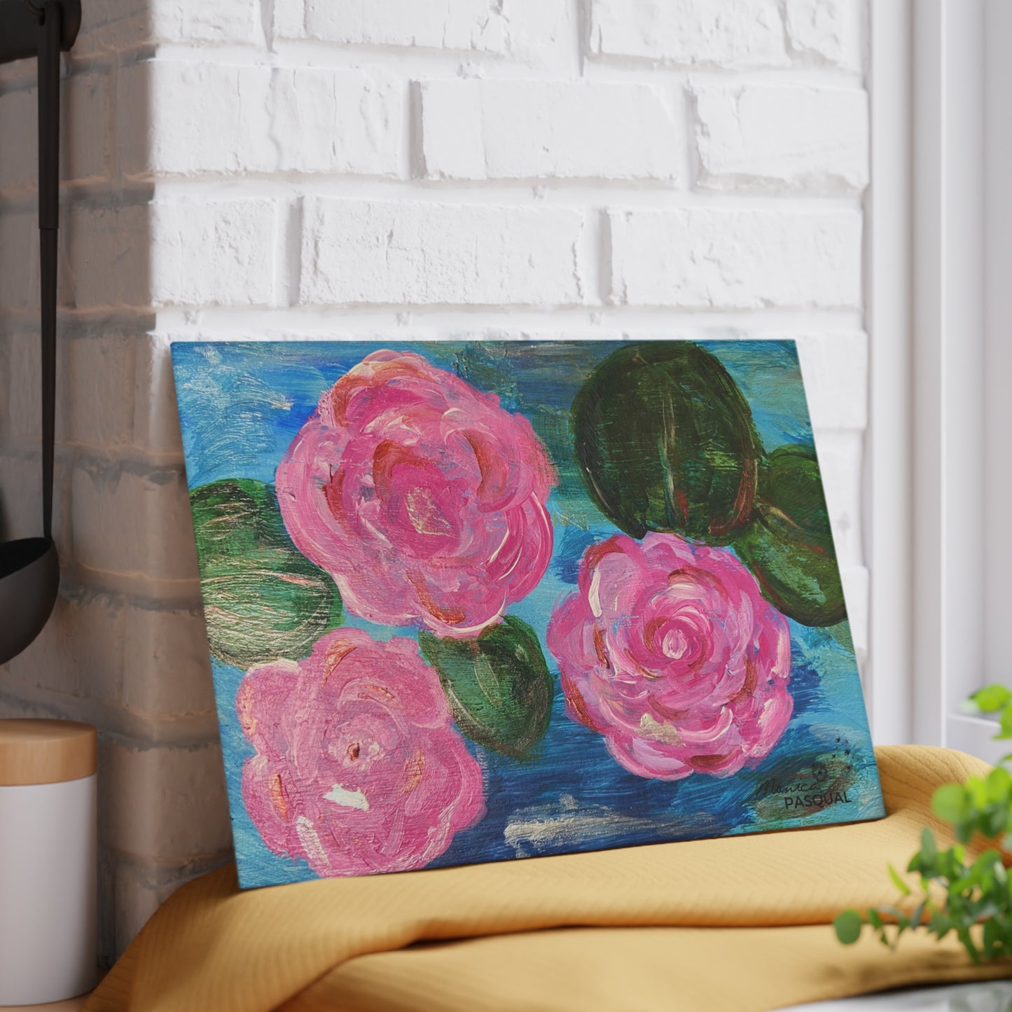 Tempered Glass Cutting Board - Pink Waterlilies