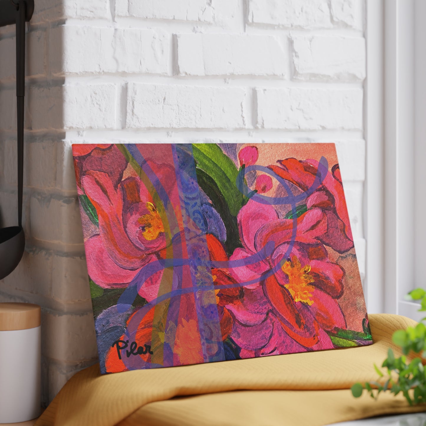 Tempered Glass Cutting Board - Pink Magnolias