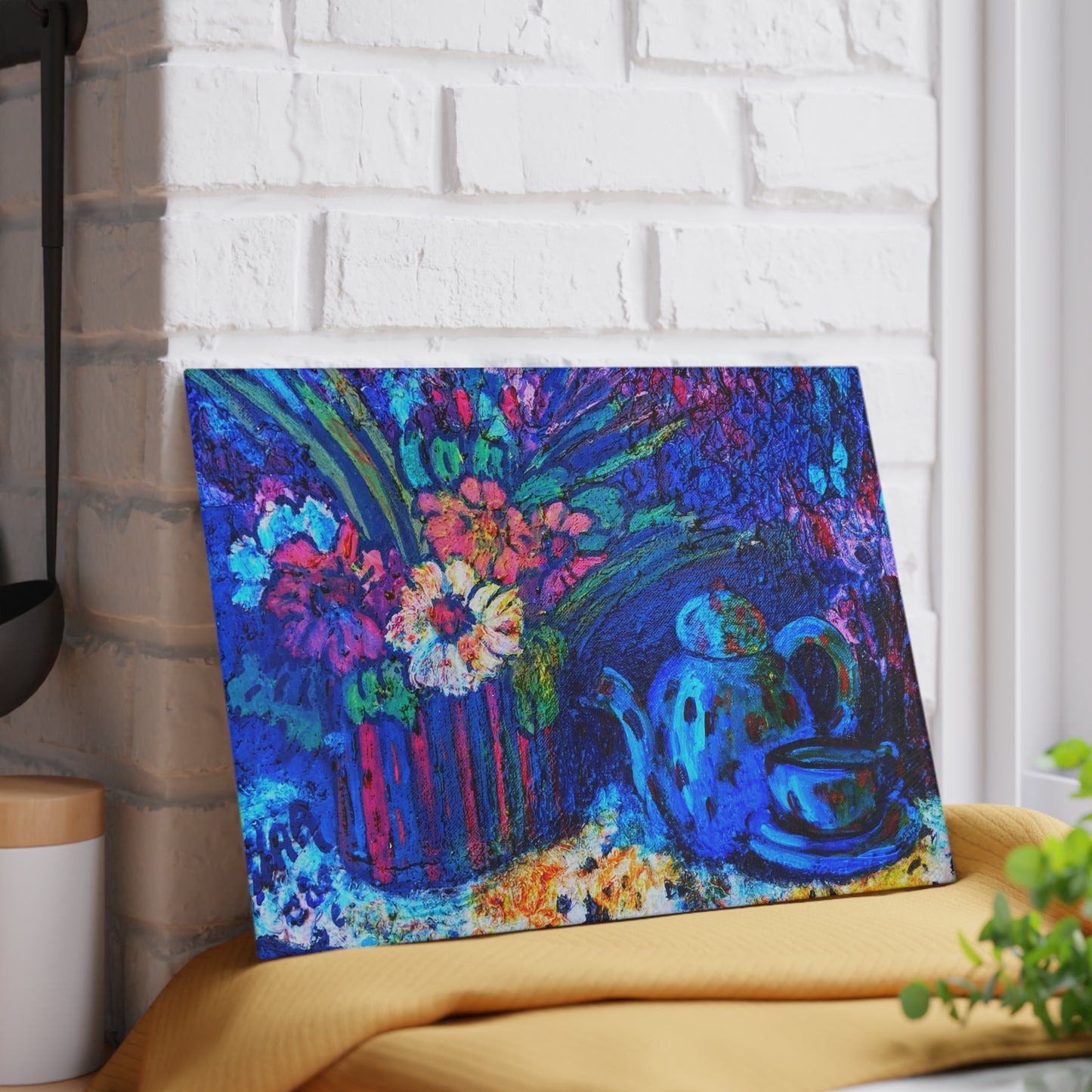 Tempered Glass Cutting Board - "Blue Teapot"