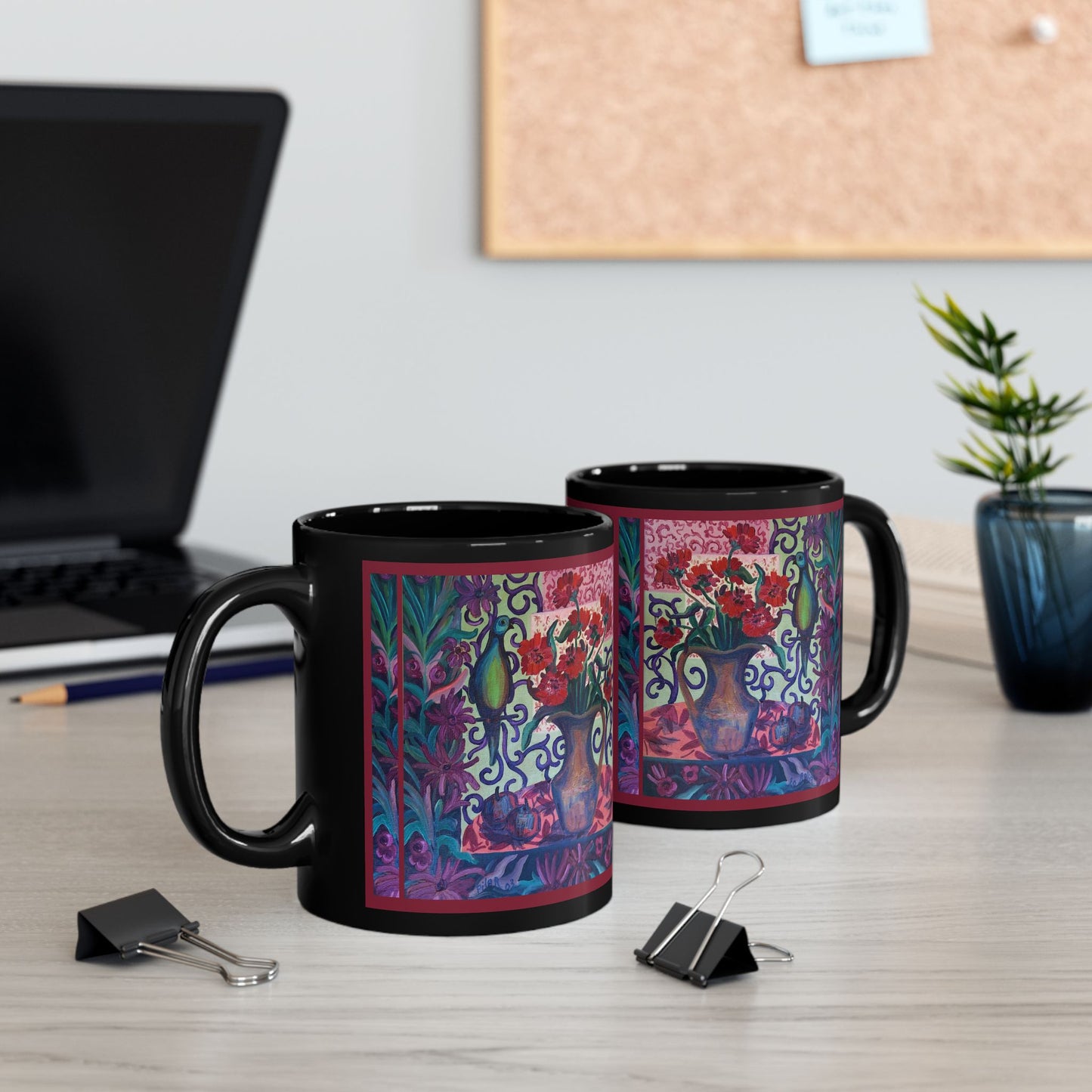 Ceramic Mug (Black) -Green Parrot