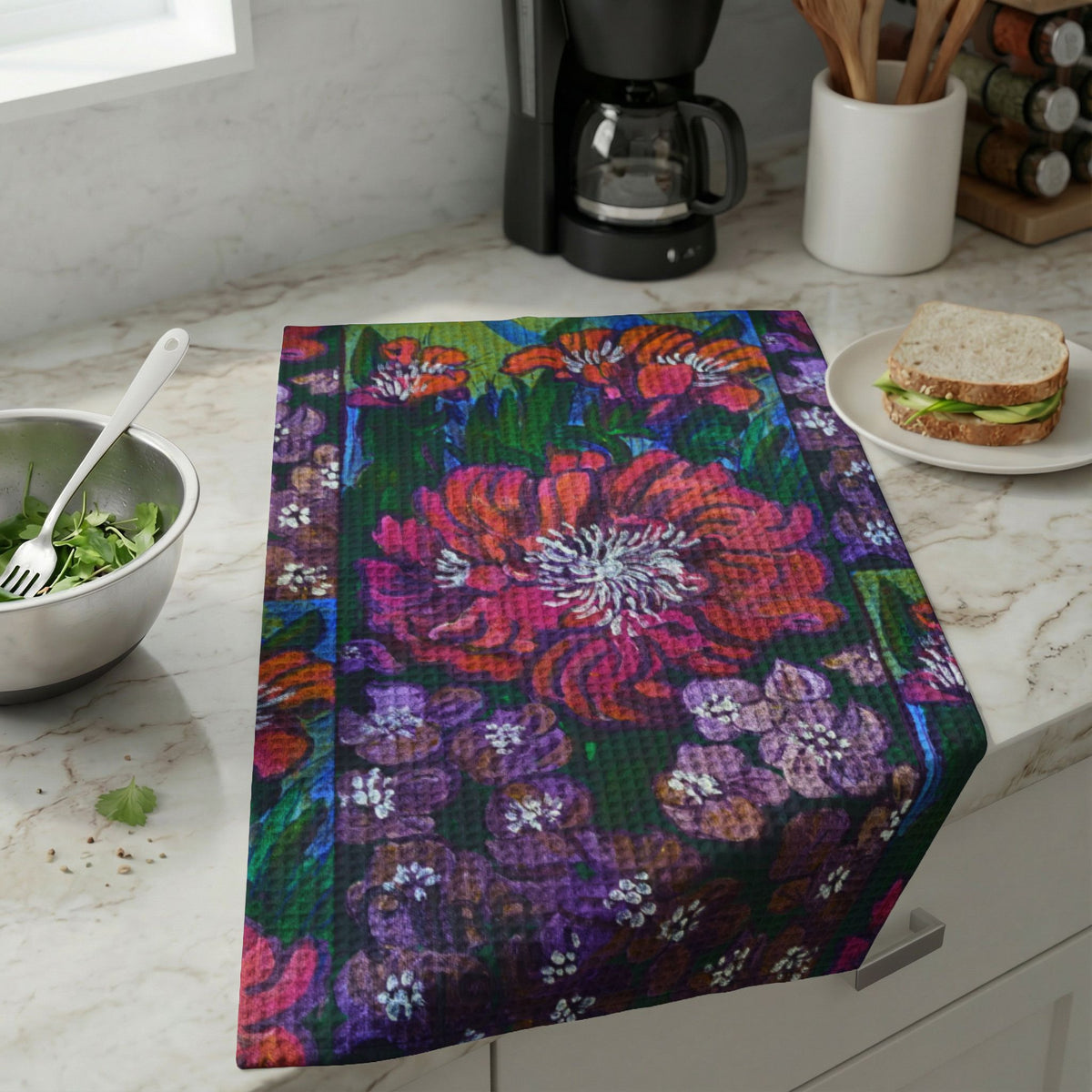 Kitchen Hand Towel - Coral & Violet Blooms Featuring artwork by Pilar Pobil
