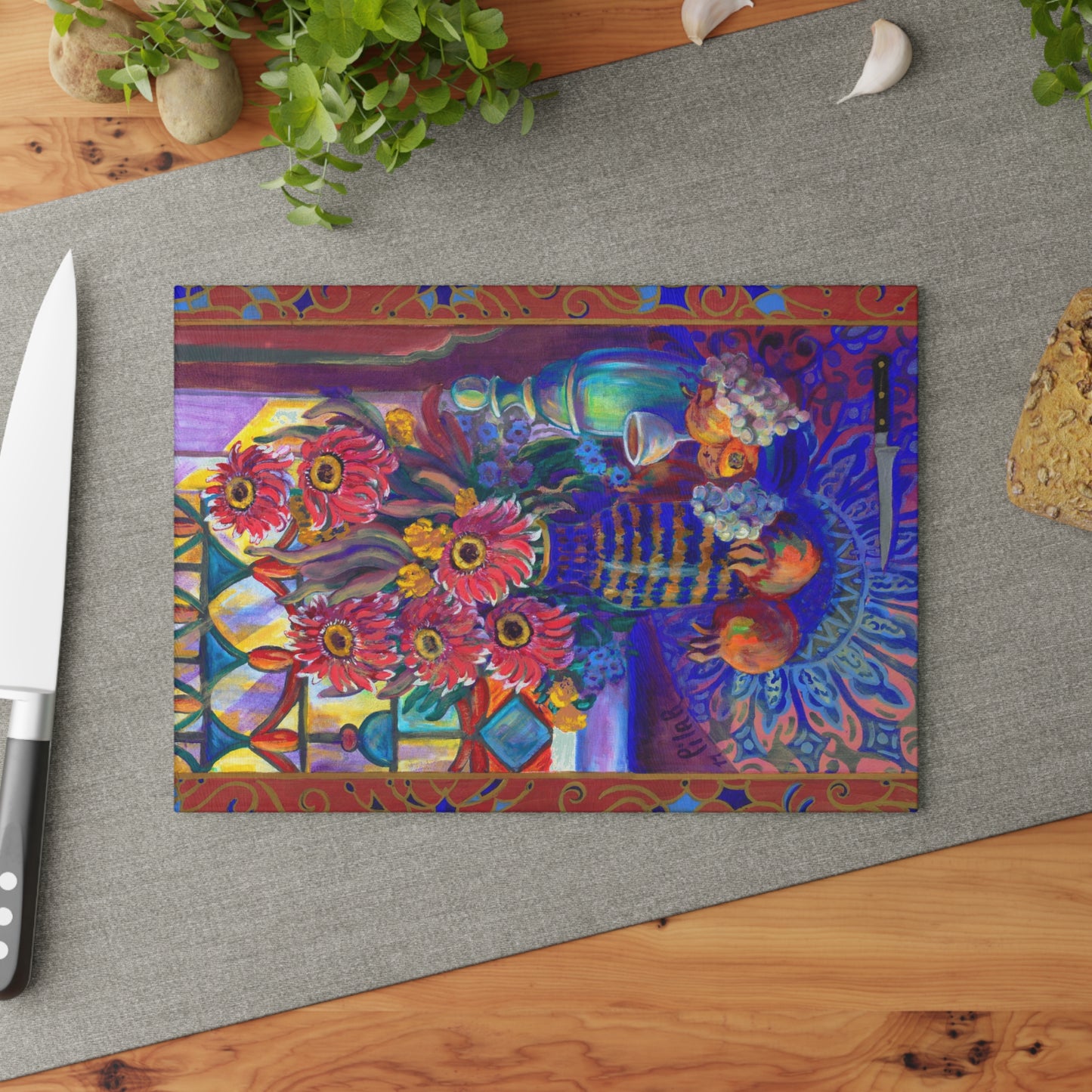 Tempered Glass Cutting Board  "Kitchen Zinneas"