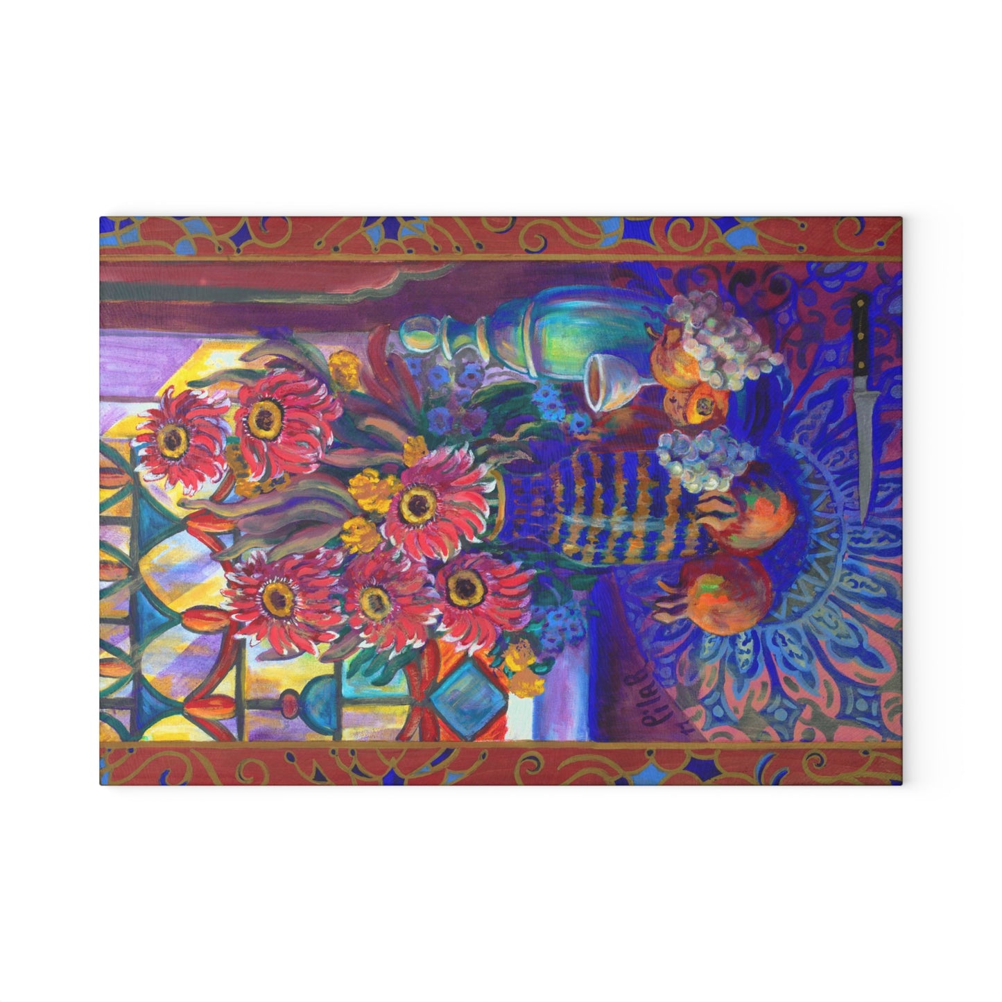 Tempered Glass Cutting Board  "Kitchen Zinneas"