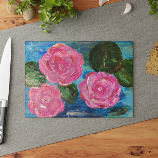 Tempered Glass Cutting Board - Pink Waterlilies