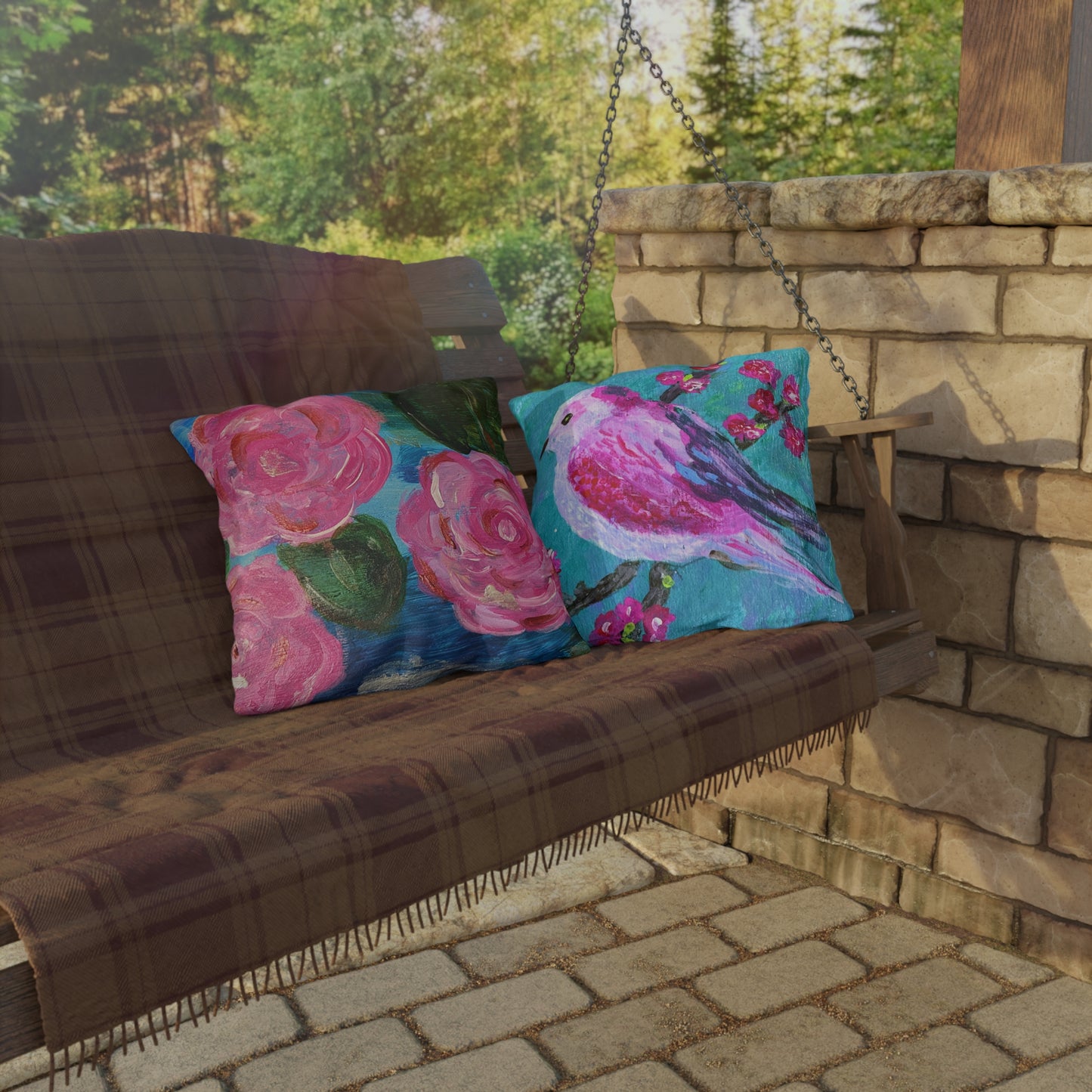 Outdoor Pillows - LilyPond and Pink Bird (Front/back design)