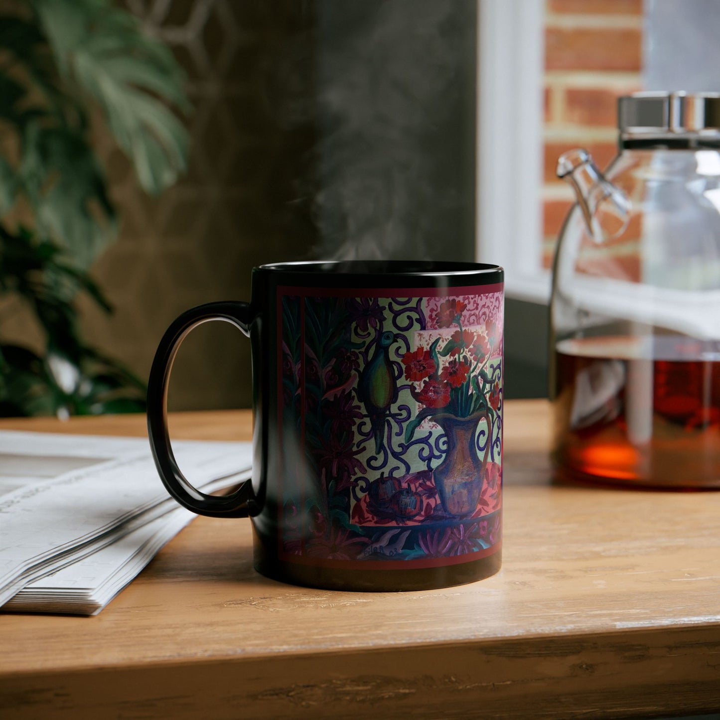 Ceramic Mug (Black) -Green Parrot