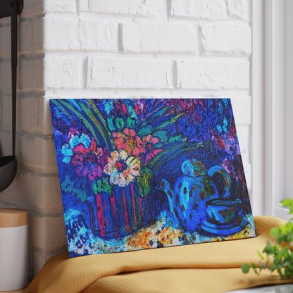 Tempered Glass Cutting Board - "Blue Teapot"