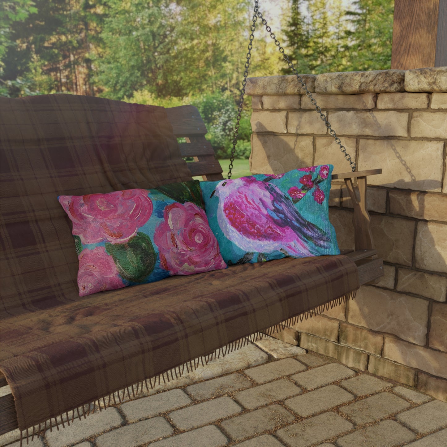 Outdoor Pillows - LilyPond and Pink Bird (Front/back design)