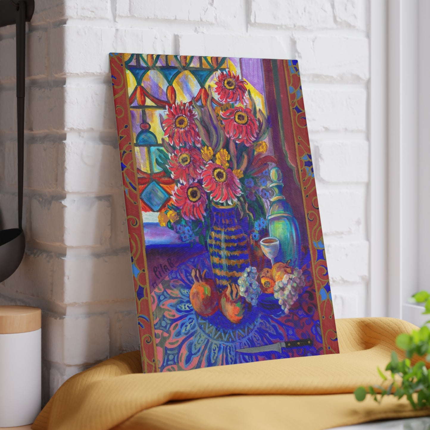 Tempered Glass Cutting Board  "Kitchen Zinneas"