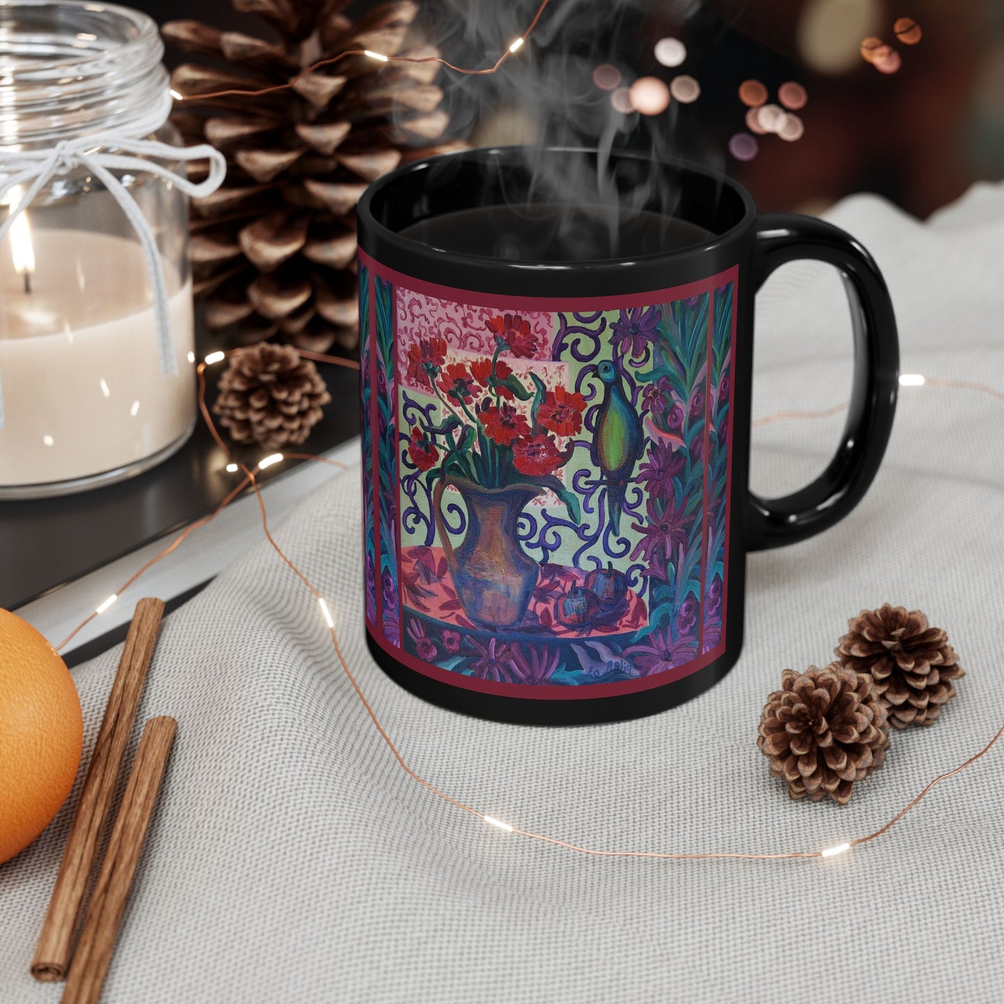Ceramic Mug (Black) -Green Parrot