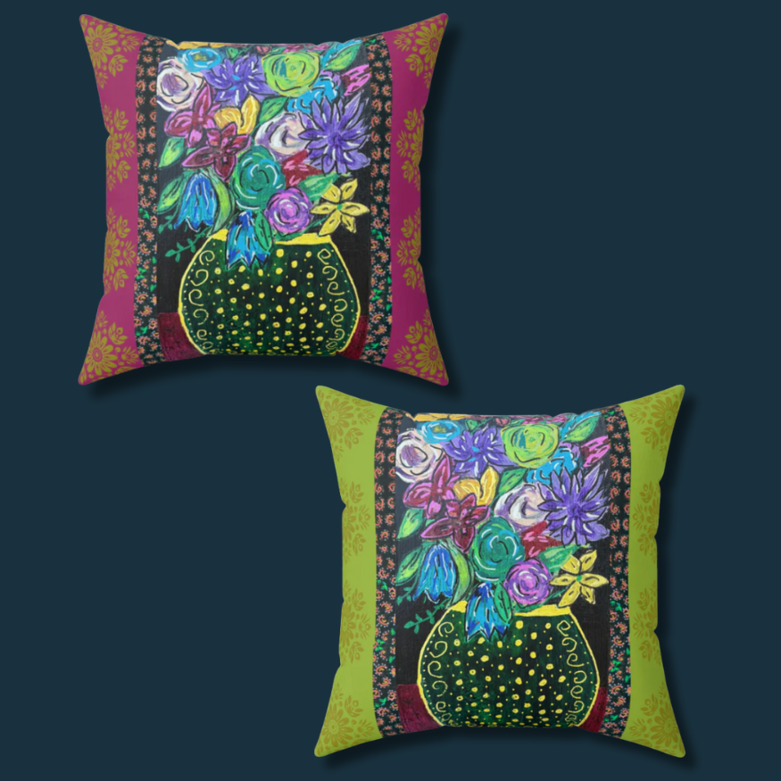 Decorative Pillow - Black vase and blooms - Front and back complimentary designs