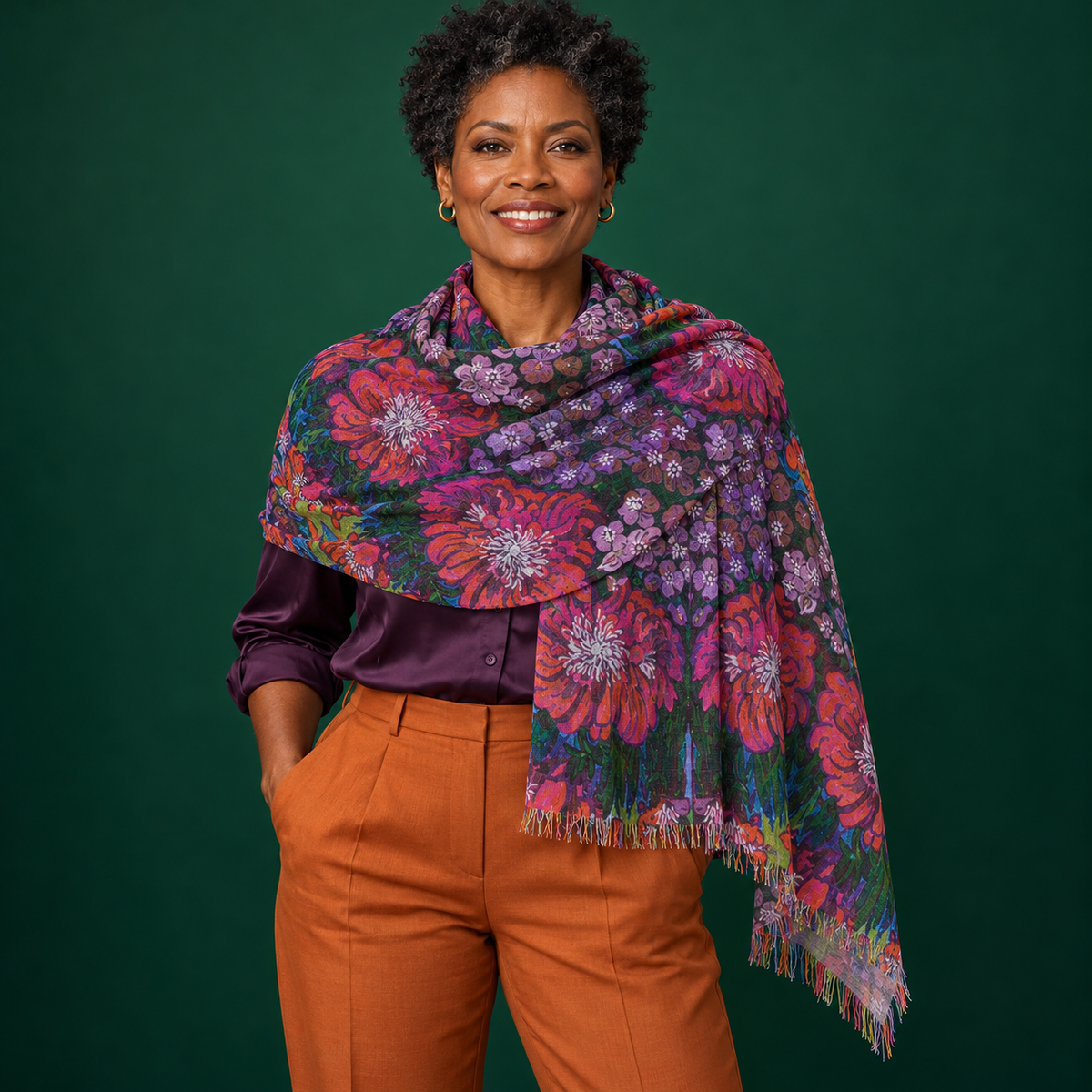 Scarf - Coral & Violet Blooms