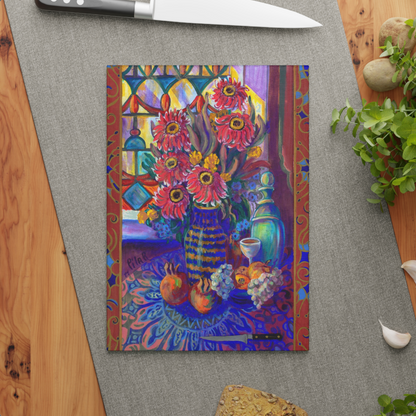 Tempered Glass Cutting Board  "Kitchen Zinneas"