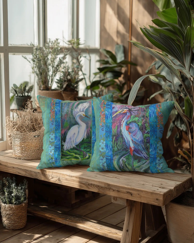 Decorative Pillow - Two Herons, Front/Back Complimentary Design