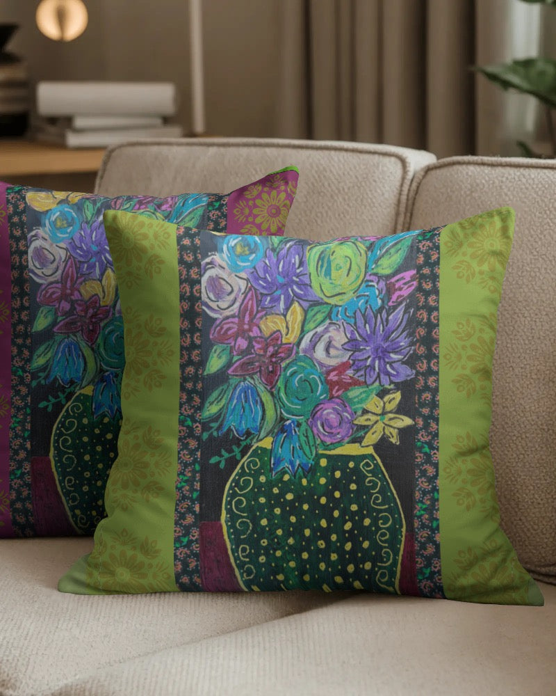 Decorative Pillow - Black vase and blooms - Front and back complimentary designs