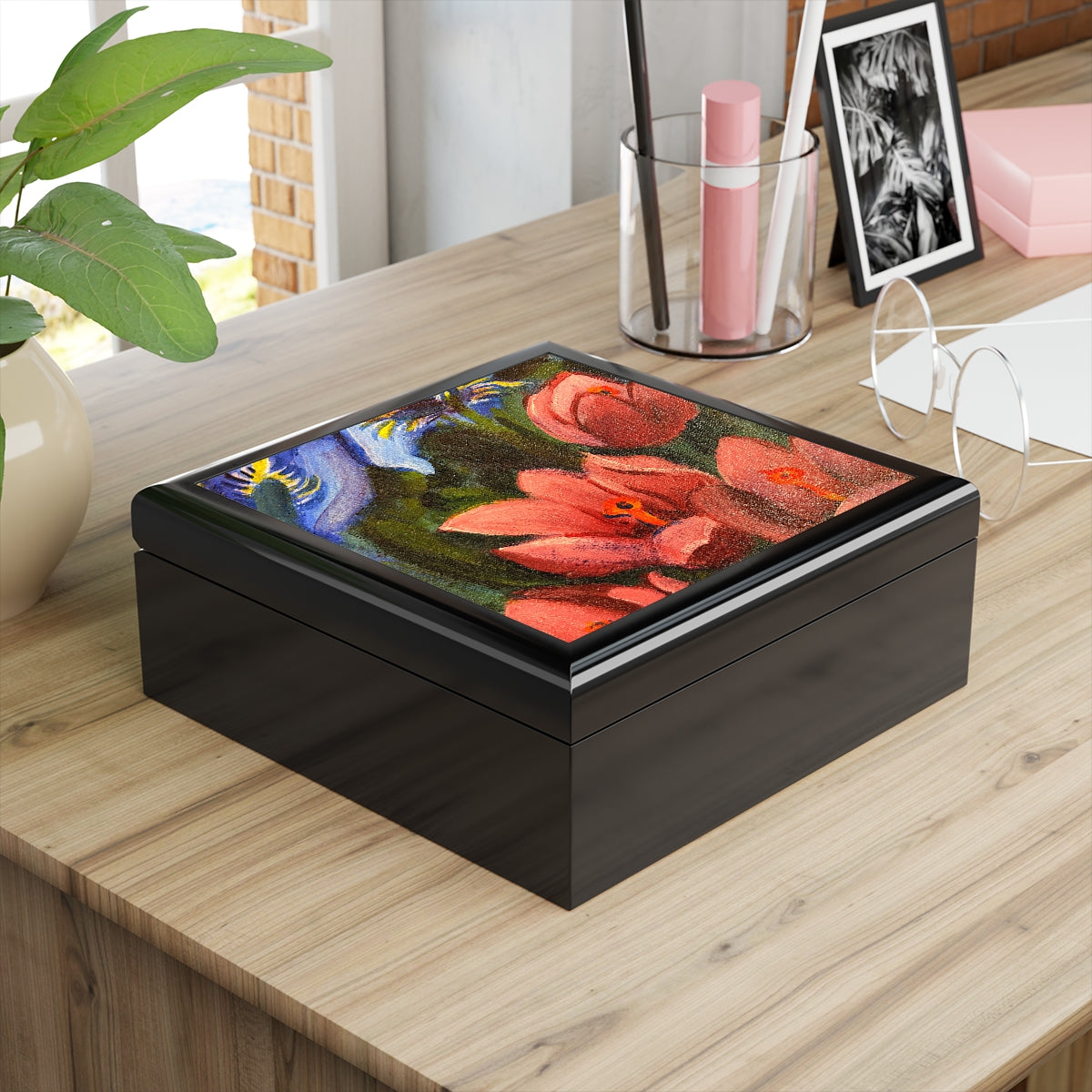Jewelry and Keepsake Box "Red and Blue Irises"