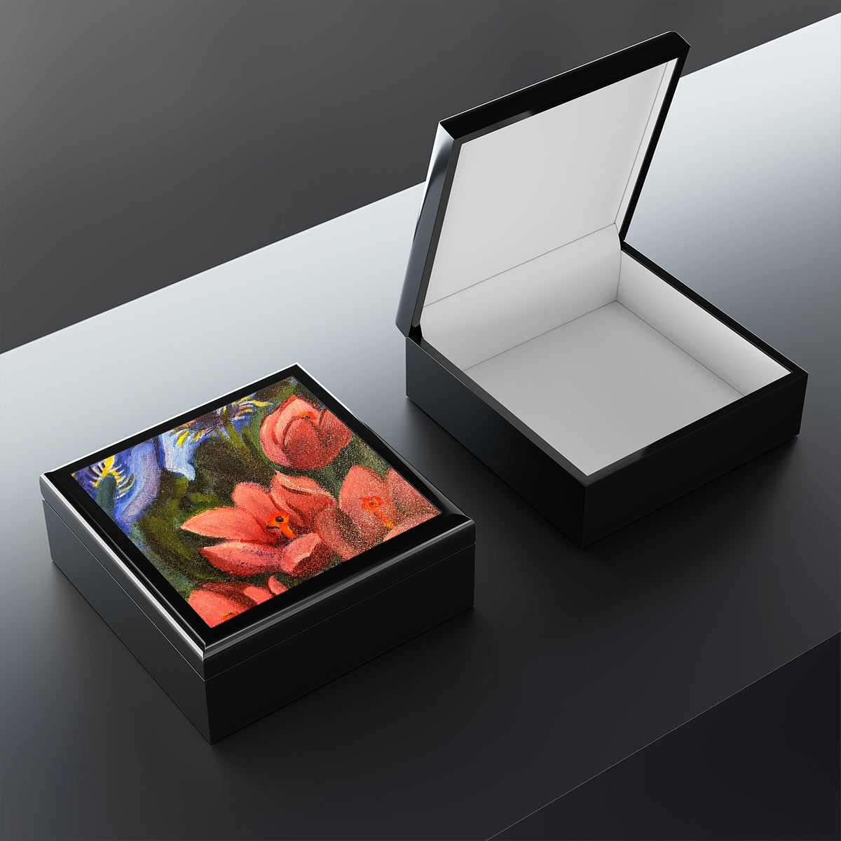 Jewelry and Keepsake Box "Red and Blue Irises"